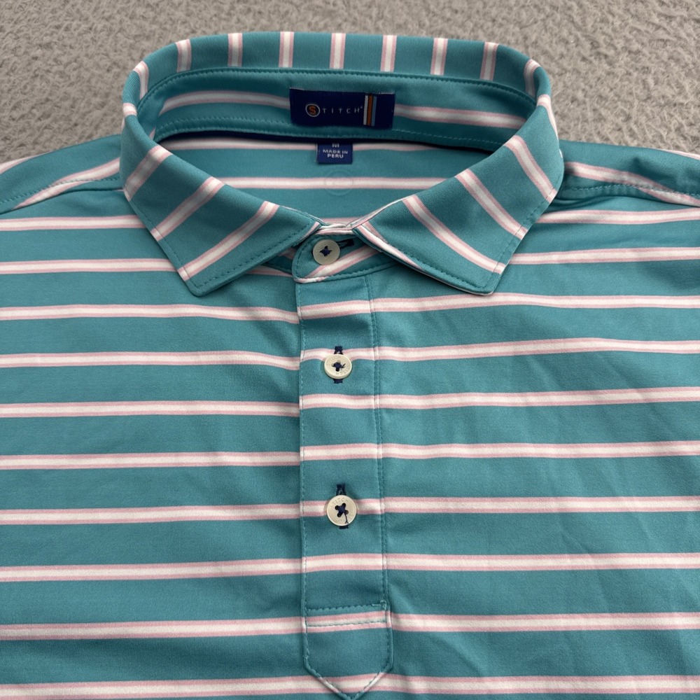 Stitch Polo Golf Shirt Mens Medium Aqua Stripe Performance Stretch Lightweight
